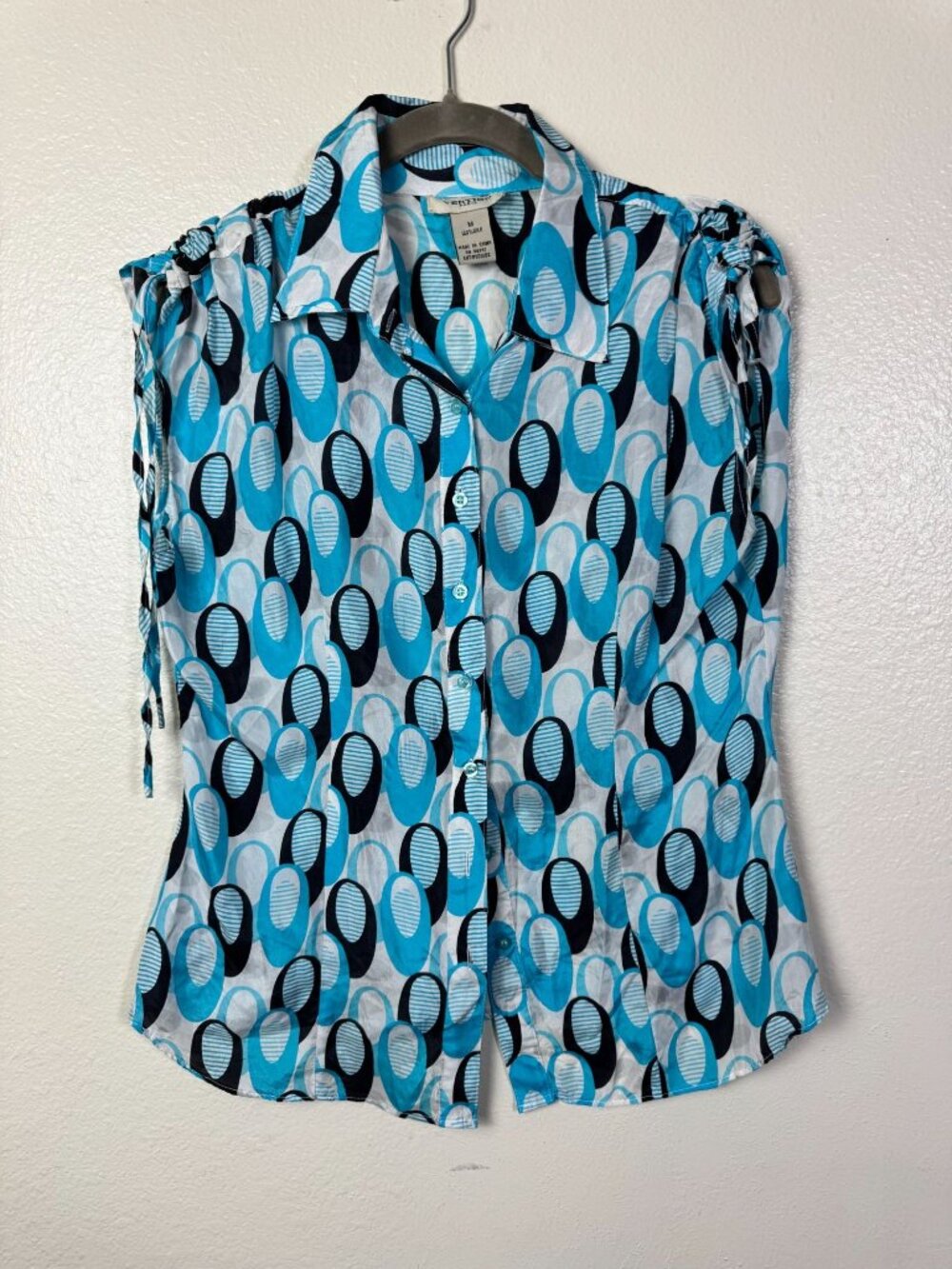 Vintage Paris 100% Silk Blue geometric Sheer Button Front Top size Medium Artsy